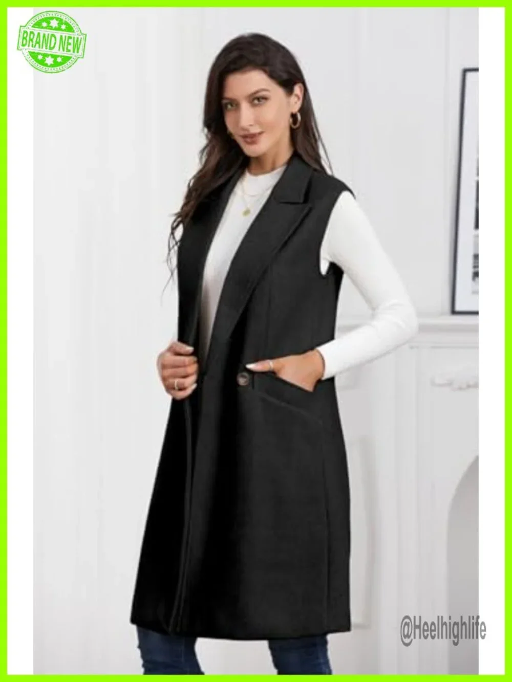 Long Sleeveless Wool Blazer Vest Jacket Waistcoat with Pockets
